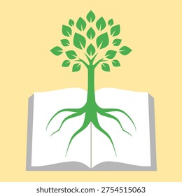 Flat vector illustration of a tree growing from an open book symbolizing education, knowledge growth, learning development, literacy concept, and intellectual progress