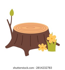 Flat vector illustration of a tree stump with flowers and sprout. Forest nature element for woodland, ecology and outdoor themed designs