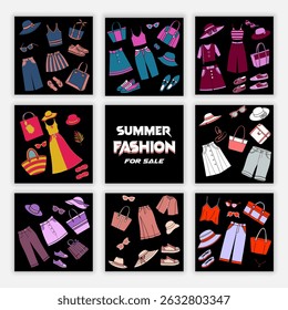 Flat vector illustration of trendy women’s summer fashion outfits and accessories. Includes dresses, hats, handbags, shoes, and sunglasses. Perfect for seasonal promotions, fashion branding, and digit