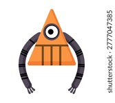 Flat vector illustration of a triangular robot with a single large eye and curved mechanical arms. Cute cartoon robot character isolated on a white background.