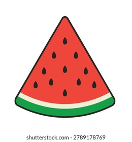 A flat vector illustration of a triangular watermelon slice featuring red fruit pulp green rind and scattered black seeds