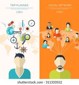 Flat vector illustration. Trip planner. Traveling and summer holidays. Social network. Global communication and web chatting. 