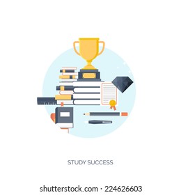 Flat vector illustration. Trophy, study success. Study and learning concept background. Distance education, brainstorm and knowledge growth,school and university subjects.Success and smart ideas.