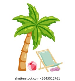 Flat vector illustration of a tropical beach setup with a palm tree, blue deck chair, striped beach ball, and pink flip-flops. Ideal for summer vacations, relaxation, beach holidays, and paradise them