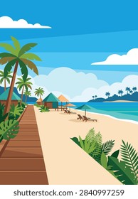 A flat vector illustration of a tropical beach resort with palm trees, a wooden boardwalk, beach chairs, and umbrellas under a bright blue sky.