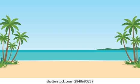 A flat vector illustration of a tropical beach scene with palm trees on both sides and a calm blue ocean under a clear sky.