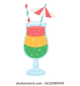 Flat vector illustration of tropical cocktail. Colorful layered drink with straw and umbrella in clear glass, perfect for summer themes, holiday designs and refreshing drink graphics