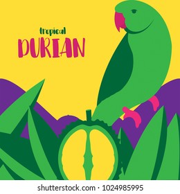 Flat Vector Illustration. Tropical Durian and parrot