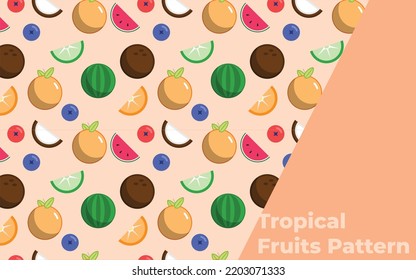 Flat vector illustration of Tropical Fruits Pattern with coconut, orange, berry and watermelon. Colorful fruites vector. Simple minimal vector of fruites. 