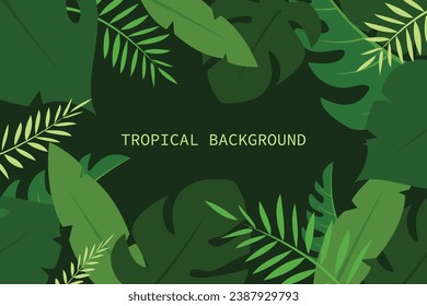 Flat vector illustration tropical green background, green tropical leaves