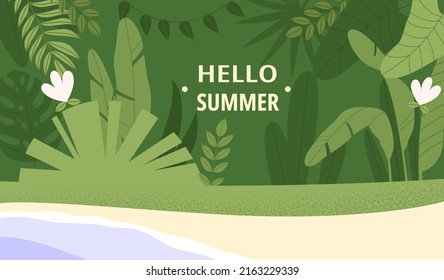 Flat vector illustration of a tropical landscap. Summer vacation banner on a tropical island or seaside resort.