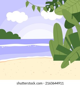 Flat vector illustration of a tropical landscap. Summer vacation banner on a tropical island or seaside resort.