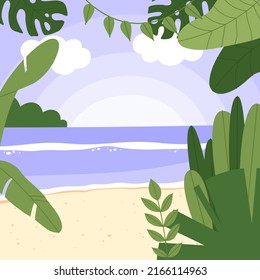 Flat vector illustration of a tropical landscap. Summer vacation banner on a tropical island or seaside resort.