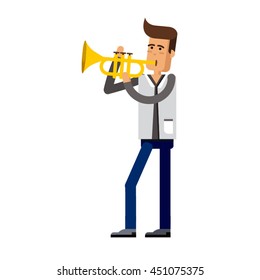 Flat vector illustration trumpet musician. Golden trumpet. Wind musical instrument- trumpet. Young male musician artist