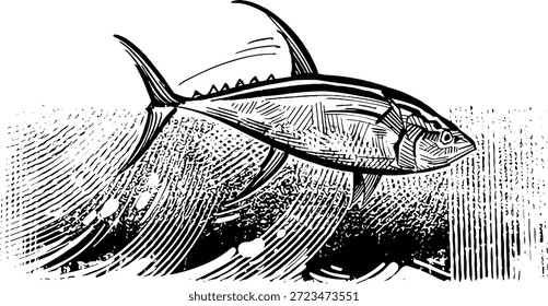 Ilustración vectorial plana de un atún en un estilo limpio, moderno, minimalista. Animales marinos estilizados con Formas simples y líneas suaves, aptos para la marca de mariscos, temas pesqueros, envases de alimentos, etiquetas, logotipos, diseño de restaurantes, carteles, materiales educativos y proyectos relacionados con el océano.
