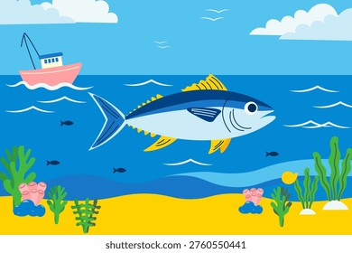 Flat vector illustration of a tuna fish swimming underwater with sea plants, coral, and sand. World Tuna day. Marine life scene with bubbles and light rays, ocean wildlife concept, aquatic ecosystem design.