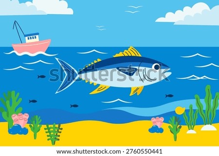 Flat vector illustration of a tuna fish swimming underwater with sea plants, coral, and sand. World Tuna day. Marine life scene with bubbles and light rays, ocean wildlife concept, aquatic ecosystem design.