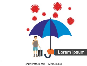 Flat vector illustration of a turist man under a blue umbrella. Protection from corona virus with World Health Organization.