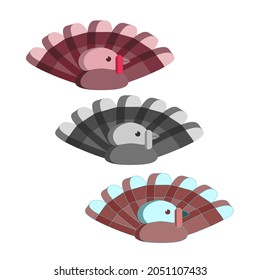 Flat vector illustration with turkey for decoration design. Thanksgiving banner. Autumn, fall, thanksgiving day concept. Animal character. Vector isolated set. Colorful banner on white background