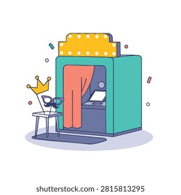 A flat vector illustration of a turquoise photo booth featuring a yellow lighted sign and a small table with a golden crown and a mustache mask prop.
