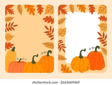 Flache Vektorgrafik von zwei Herbstkartenschablonen mit Rahmen aus orangefarbenen und gelben Blättern und mit Kürbissen verziert. Geeignet für saisonale Grußkarten, Einladungen und Poster.