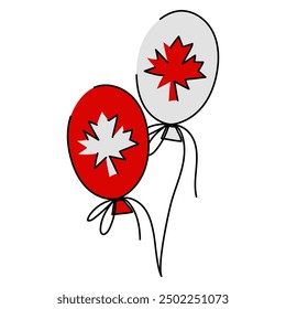 Ilustración vectorial plana de dos globos estilizados como la bandera canadiense. La primera bola es blanca con una hoja de arce roja, la segunda es roja con una hoja de arce blanca aislada en una cuerda que vuela hacia arriba. Día de Canadá