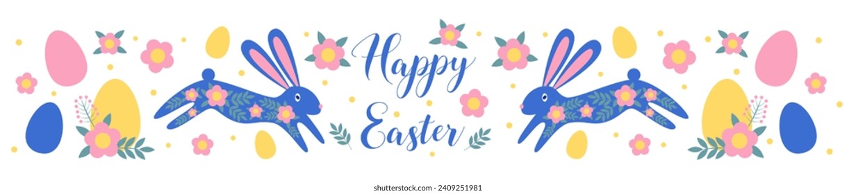 Flat vector illustration with two blue bunnies with flowers and egg s and lettering in the middle. Easter holiday symbols, border, greeting card.