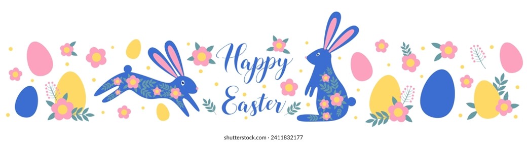 Flat vector illustration with two blue bunnies with flowers and egg s and lettering in the middle. Easter holiday symbols, border, greeting card