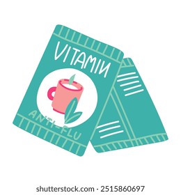 Una Ilustración vectorial plana de dos bolsas azules de polvo frío contra la gripe. El paquete se muestra como un rectángulo. Muestra una taza rosa con vapor y hojas. Polvo para enfermedades, aislado. Vitamina