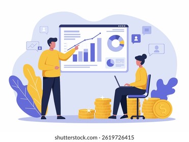 Flat vector illustration of two business professionals analyzing a chart and discussing financial growth. The scene includes coins and data points, emphasizing business strategy and economic analysis 