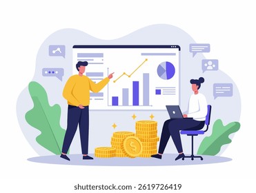 Flat vector illustration of two business professionals analyzing a chart and discussing financial growth. The scene includes coins and data points, emphasizing business strategy and economic analysis 