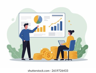 Flat vector illustration of two business professionals analyzing a chart and discussing financial growth. The scene includes coins and data points, emphasizing business strategy and economic analysis 