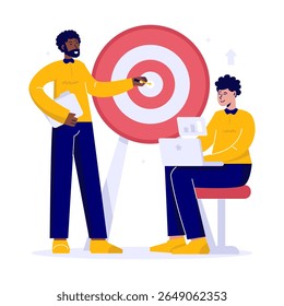 Ilustración vectorial plana de dos colegas de negocios que trabajan juntos para lograr un objetivo objetivo, Estrategia de negocios con concepto de informe objetivo