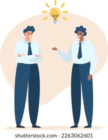 Flat vector illustration. Two businessmen discussing a common 