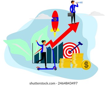 Vector plano. Ilustración vectorial de dos empresarios trabajando duro con diferente rendimiento.