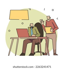 A flat vector illustration of two characters discussing and exchanging ideas while holding documents, with a thought bubble showing the exchange of ideas. 