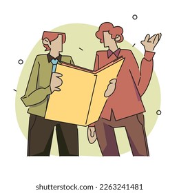 A flat vector illustration of two characters discussing and exchanging ideas while holding documents, with a thought bubble showing the exchange of ideas. 