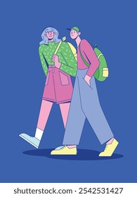 Flat vector illustration with two Characters walking side by side, male and female, in casual clothing with backpacks. Isolated on blue background, representing friendship and outdoor activity.