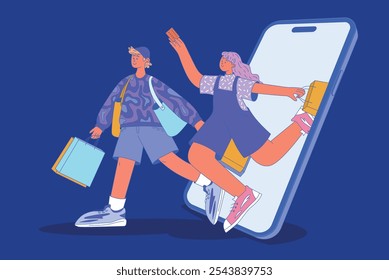 Ilustración vectorial plana de dos personajes, un hombre y una mujer, de compras en línea. El hombre sostiene bolsas de compras, y la mujer lleva bolsas mientras sale de un teléfono inteligente, aislado sobre un fondo azul.