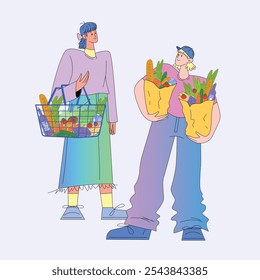 Ilustración vectorial plana de dos personajes, una mujer sosteniendo una cesta de la compra y un hombre con bolsas de supermercado. Ambos vestidos con atuendo casual, con colores vibrantes y aislados sobre un fondo claro.