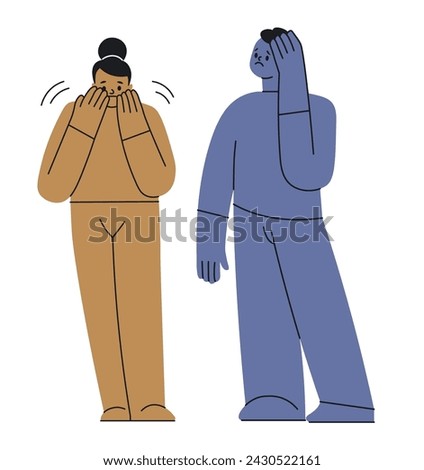 Flat vector illustration of two characters, one covering their mouth in shock and the other with a hand on their head in dismay, showcasing a contemporary style, isolated on a white background.