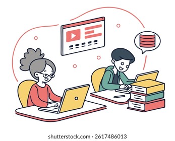 Flat vector illustration of two children studying together with a laptop and books. Ideal for digital education, classroom, and child learning themes.