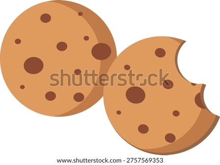 Flat vector illustration of two chocolate chip cookies, one whole and one with a bite taken out. Perfect for bakery themes, snack concepts, food icons, menus, packaging, and digital content.