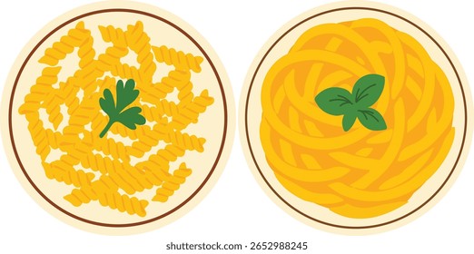 Ilustração vetorial plana de dois pratos clássicos de massas italianas: massa fusilli guarnecida com salsa e espaguete coberto com manjericão fresco. Perfeito para blogs culinários, menus de restaurante italiano