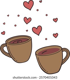 Flat vector illustration of two coffee cups with a swirl of love hearts rising above them. Perfect for designs related to romance, cozy cafes, or Valentine's Day themes.