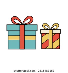 Flat vector illustration of two colorful gift boxes with ribbons and bows. Perfect for birthday, holiday, or celebration-themed designs.