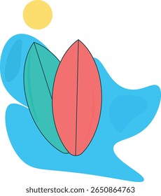 Flat vector illustration of two colorful surfboards on abstract blue waves with a yellow sun. Perfect for summer, beach lifestyle, surfing themes, and travel designs