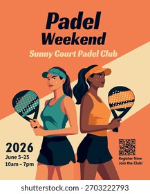 Ilustração de vetor plano de duas atletas femininas confiantes em roupas esportivas segurando raquetes de padel. Design de pôster de torneio vibrante com espaço para texto. Uso para eventos esportivos, padel clubs, publicidade