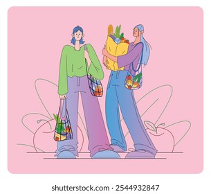 Ilustración vectorial plana de dos personajes femeninos de compras de comestibles aislados. Mujeres sosteniendo bolsas ecológicas con comestibles y verduras con ropa casual colorida con expresiones amistosas.