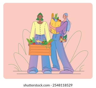 Ilustración vectorial plana de dos personajes femeninos que llevan comestibles aislados. Mujeres sosteniendo bolsas y cajas ecológicas con verduras en ropa colorida casual. Estilo moderno, Colores brillantes.